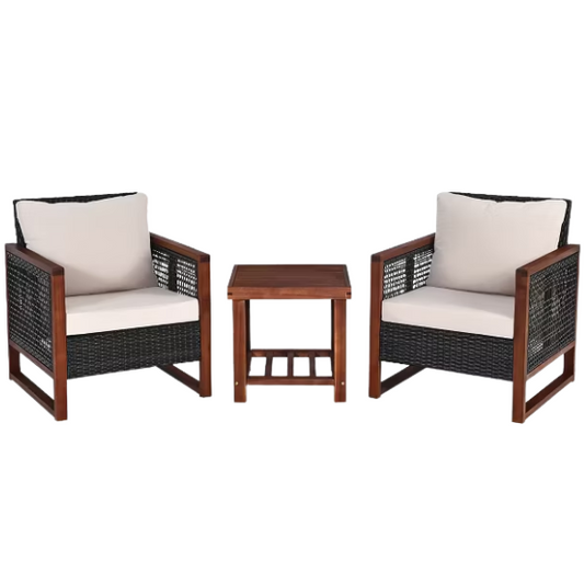 3-Piece Patio Wicker Furniture Set | Rattan Outdoor Sofa with Washable Cushions and Acacia Wood Coffee Table | Perfect for Garden and Backyard
