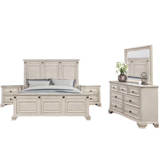 Distressed Parchment Wood Bedroom Set with Panel Bed, Dresser, Mirror, and Nightstand, Featuring Silver Accents and Fluted Pilasters