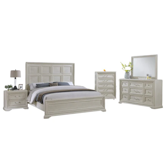 5-Piece Cream Panel Bedroom Set – Timeless Elegance and Tranquil Charm with Elegant Detailing and Durable Craftsmanship