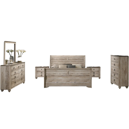 Charming 6-Piece White Wash Finish Bedroom Set with Sleigh Bed, Dresser, Mirror, Nightstands, and Chest – Antique Bronze Accents and Rustic Elegance