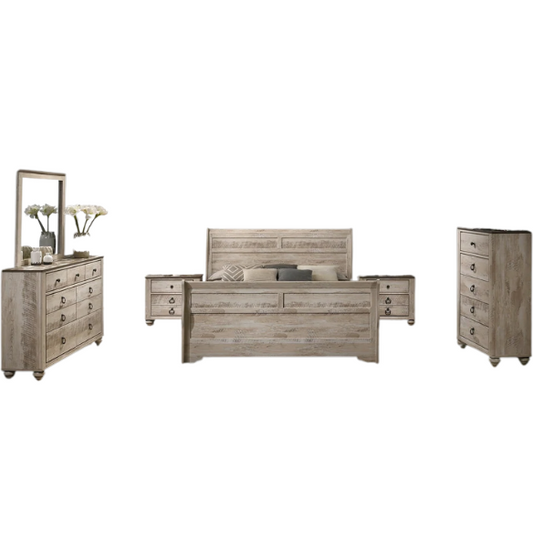 Charming 6-Piece White Wash Finish Bedroom Set with Sleigh Bed, Dresser, Mirror, Nightstands, and Chest – Antique Bronze Accents and Rustic Elegance
