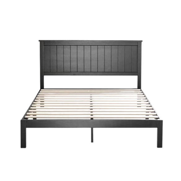 Modern Farmhouse King Size Solid Wood Platform Bed with Slat-Style Headboard and Matte Black Finish
