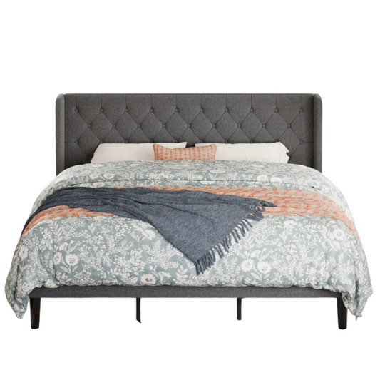 Luxurious King Size Upholstered Wingback Platform Bed with Button-Tufted Linen Fabric – Sturdy Wood Frame, High-Density Foam, and Ample Under-Bed Storage for a Stylish, Safe, and Comfortable Bedroom