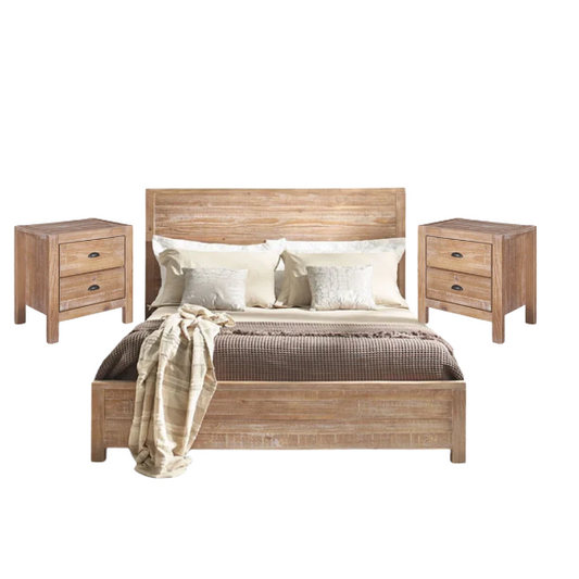 Durable Solid Pine Wood Queen Bed with Matching Dresser and Nightstand – Standard 3-Piece Bedroom Set