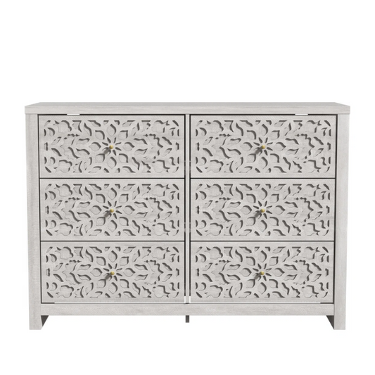 Boho-Inspired 45.4" 6-Drawer Dresser with Distressed Finish and Openwork Floral Details