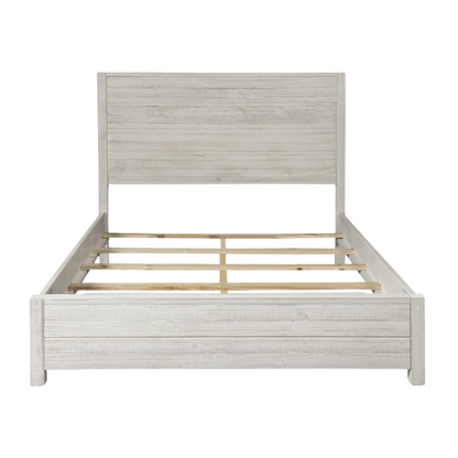 Rustic Solid Pine Wood King Size Panel Bed with Distressed Finish and Streamlined Headboard