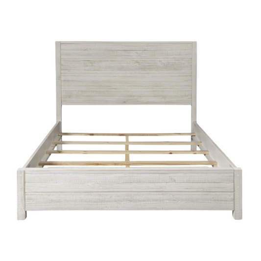 Rustic Solid Pine Wood King Size Panel Bed with Distressed Finish and Streamlined Headboard