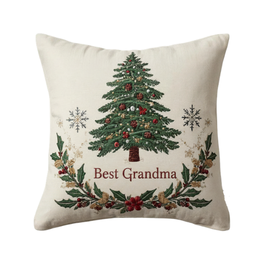 Off-White Rectangular Throw Pillow with 'Best Grandma' Christmas Design