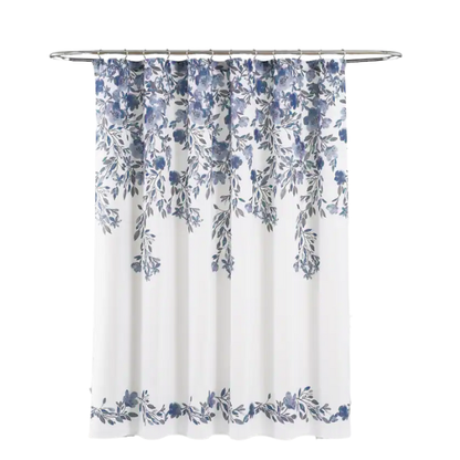 Navy Blue and Grey Floral Vine Shower Curtain – Shabby Chic Farmhouse Style, 72" x 72"
