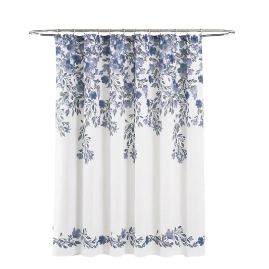 Navy Blue and Grey Floral Vine Shower Curtain – Shabby Chic Farmhouse Style, 72" x 72"