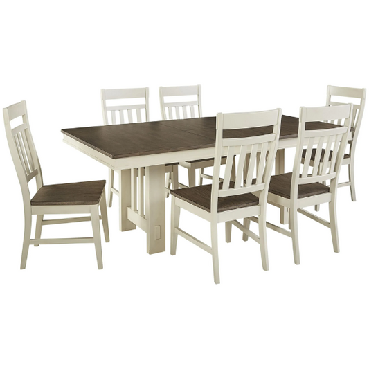 7-Piece Solid Wood Dining Set - Trestle Table with Self-Storing Leaf and Comfortable Side Chairs