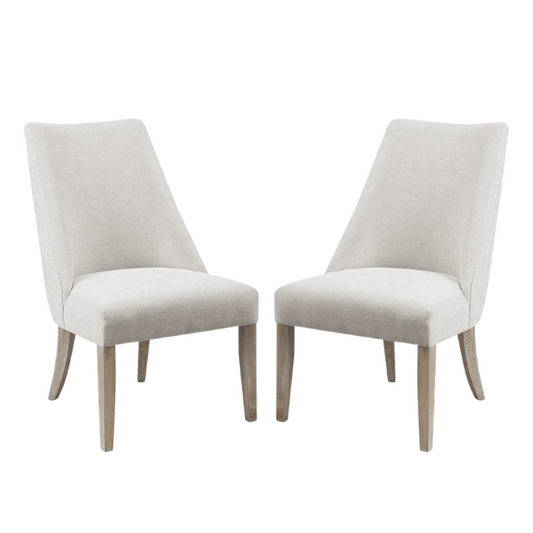 Beige High Back Upholstered Dining Chairs (Set of 2) with Weathered Rustic Wood Legs – Farmhouse Style Seating