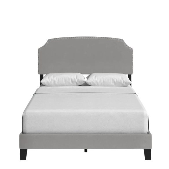 King Size Upholstered Standard Bed with Scooped Corner Headboard, Nailhead Trim, and Extra Support Feet – Classic Design with Adjustable Base Compatibility