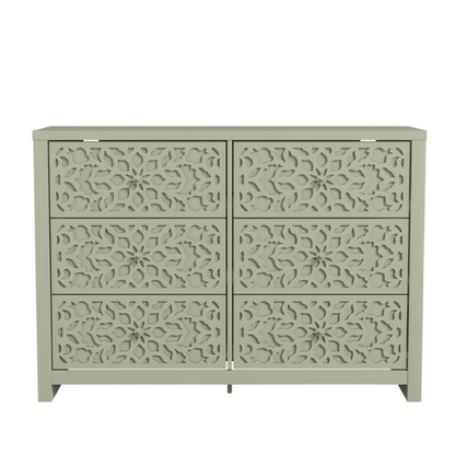 Boho-Inspired 45.4" 6-Drawer Dresser with Distressed Finish and Openwork Floral Details