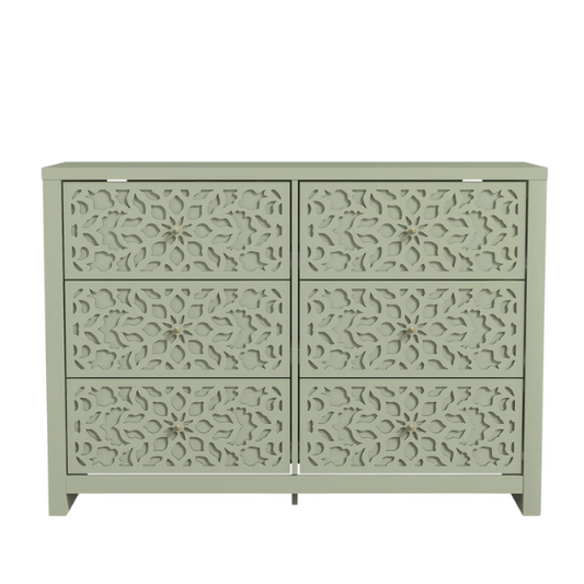 Boho-Inspired 45.4" 6-Drawer Dresser with Distressed Finish and Openwork Floral Details