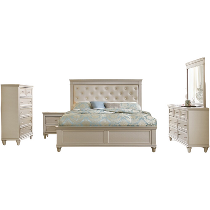 3-Piece Silver Modern Faux Leather Tufted Panel Bedroom Set – Elegant Crystal Tufting, Pearlized Faux Leather Headboard, and High-Polished Knob Hardware