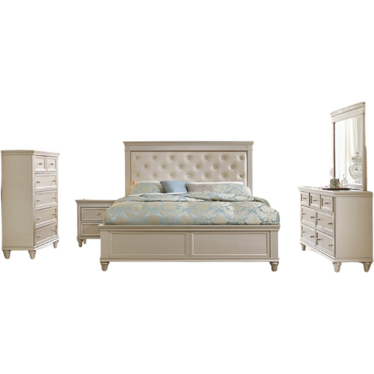 3-Piece Silver Modern Faux Leather Tufted Panel Bedroom Set – Elegant Crystal Tufting, Pearlized Faux Leather Headboard, and High-Polished Knob Hardware
