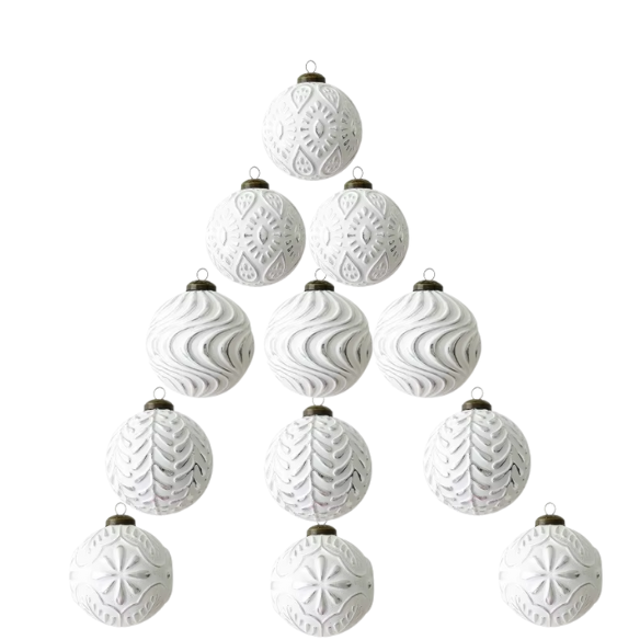 Silver & White Embossed Christmas Ornaments – Elegant Holiday Bauble Set (12 Pieces)