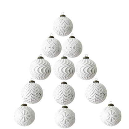 Silver & White Embossed Christmas Ornaments – Elegant Holiday Bauble Set (12 Pieces)