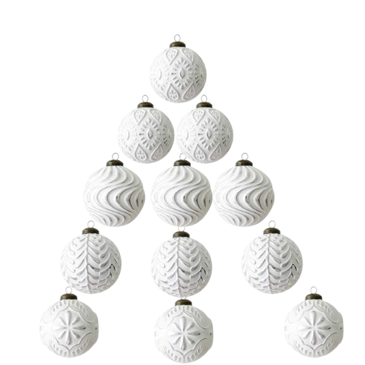 Silver & White Embossed Christmas Ornaments – Elegant Holiday Bauble Set (12 Pieces)