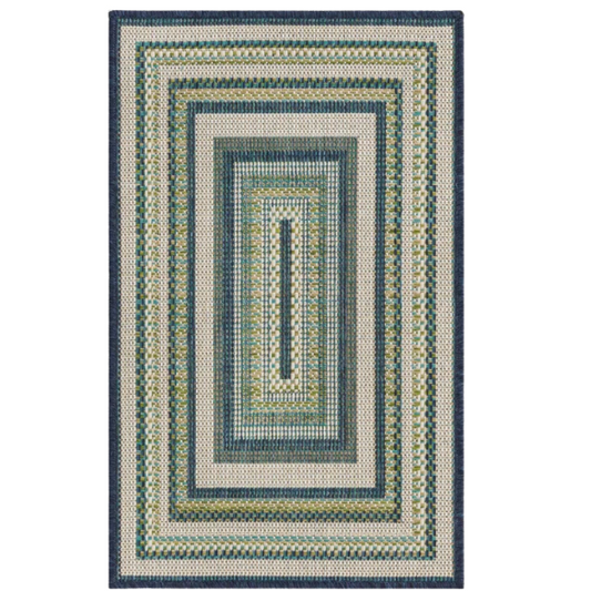 Coastal-Inspired Geometric Rug – Fade & Stain-Resistant,Ivory,Green,Blue Pattern, Ideal for Indoor/Outdoor Use