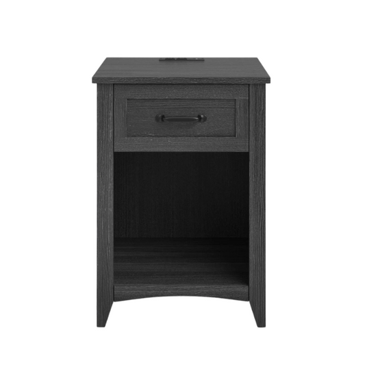 Farmhouse-Style Nightstand with Built-In Charging Station – Engineered Wood, Spacious Top, Drawer & Open Compartment, Matte Black Metal Handle, USB-A & USB-C Ports, AC Outlets, Ideal for Bedroom or Living Room
