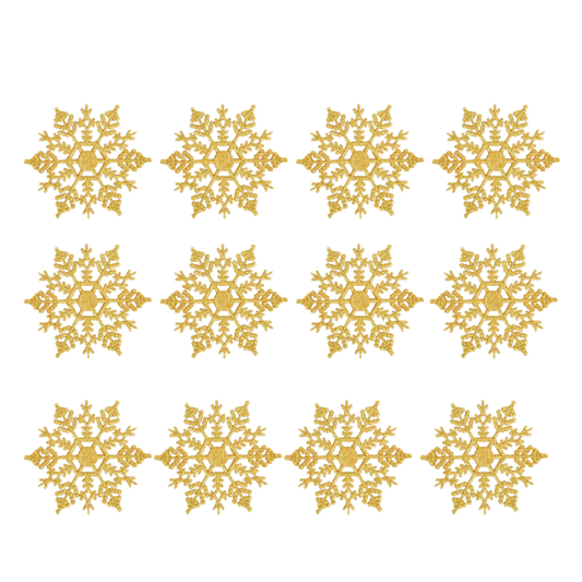 Gold Glitter Snowflake Christmas Ornaments – Whimsical Holiday Décor Set (12 Pieces)