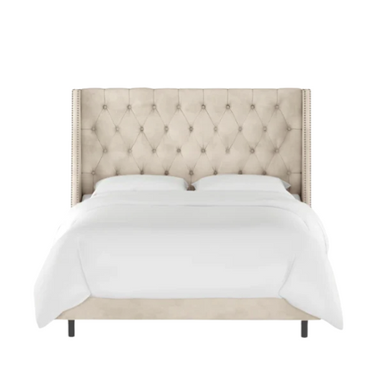 Chic Upholstered Wingback King Size Bed with Button Tufting and Nailhead Trim
