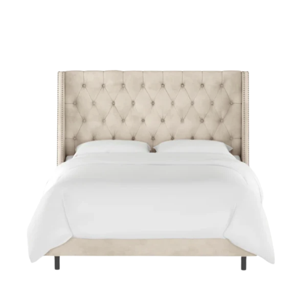 Chic Upholstered Wingback King Size Bed with Button Tufting and Nailhead Trim