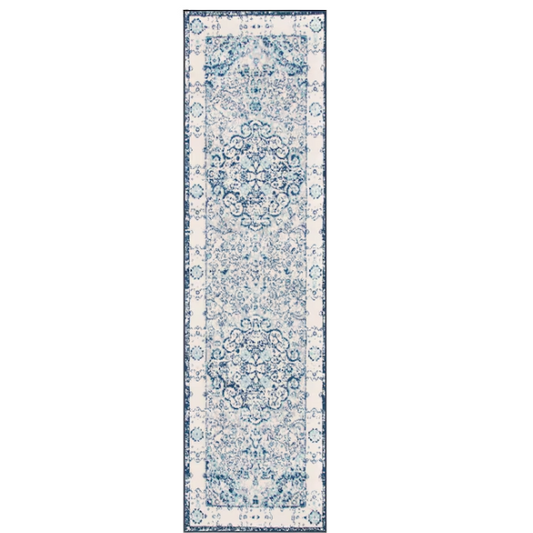 Distressed Oriental-Inspired Indoor Rug – Blue and White Medallion Pattern, Stain-Resistant, Fade-Resistant, Perfect for Traditional & French Country Décor