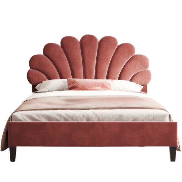 Upholstered Platform Bed with Flower Pattern Velvet Headboard – Full/Double Size, Elegant Design for Modern Bedrooms