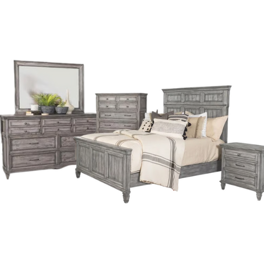 Exquisite Old-World Charm with Glamorous Flair – 5-Piece King Bedroom Set in Grey with Crown Molding, Felt-Lined Drawers, and Built-In Outlets