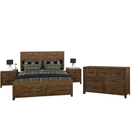 Rugged and Weathered 5-Piece King Bedroom Set – Solid Pine Wood Frame with Dark Brown Finish, Ball-Bearing Glide Drawers, Weathered Steel Hardware, and Ample Storage