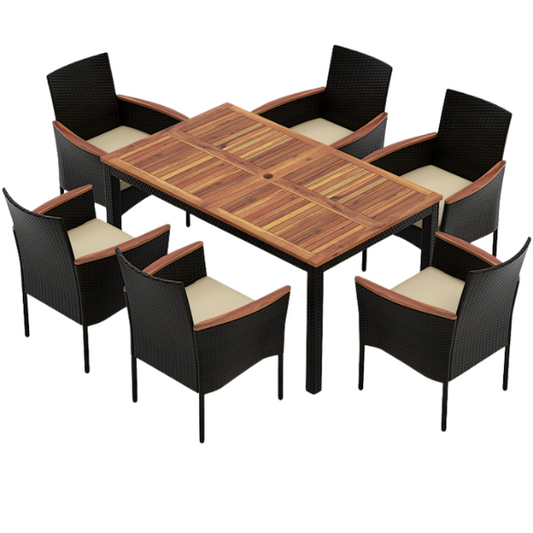 7-Piece Patio Dining Set | Wicker Outdoor Dining Set with Acacia Wood Table | Perfect for Garden and Yard Gatherings