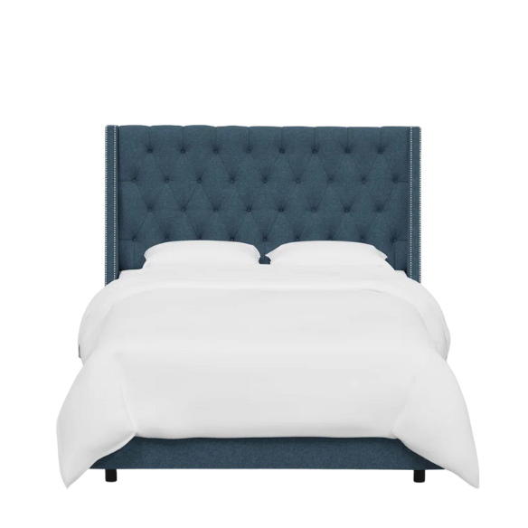 Chic Upholstered Wingback King Size Bed with Button Tufting and Nailhead Trim