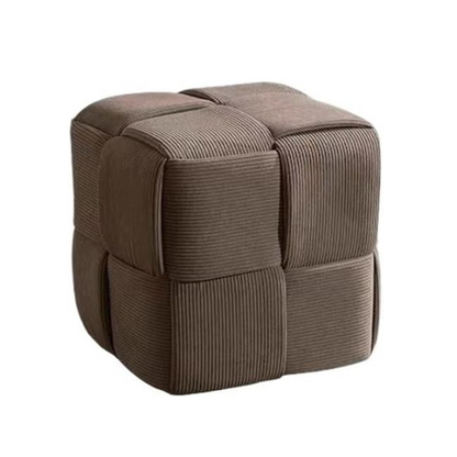 Light chocolate brown corduroy ottoman with cross-stitch design and sturdy wood frame