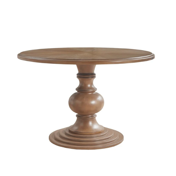 46" Round Pedestal Dining Table – Farmhouse Charm with Reclaimed Walnut Diamond Veneer Top & Antique Cream Pedestal Base