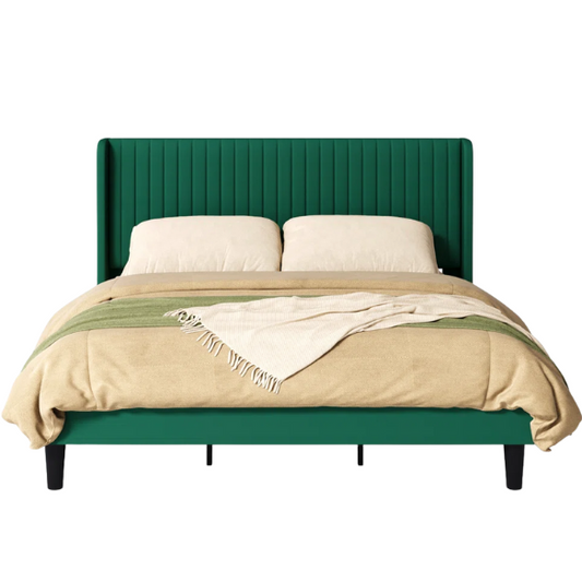 Luxurious King Size Upholstered Velvet Platform Bed with Modern Wingback Headboard – Heavy-Duty Steel Frame, No Box Spring Needed, and Ample Under-Bed Storage