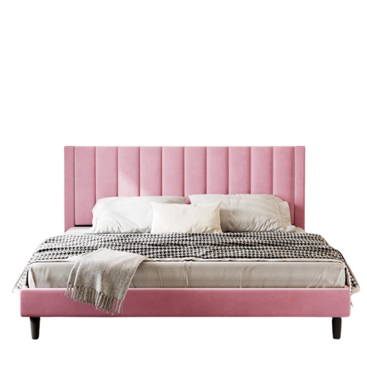 King Size Upholstered Platform Bed with Velvet Headboard, Foam Padding, and Noise-Free Construction for Ultimate Comfort