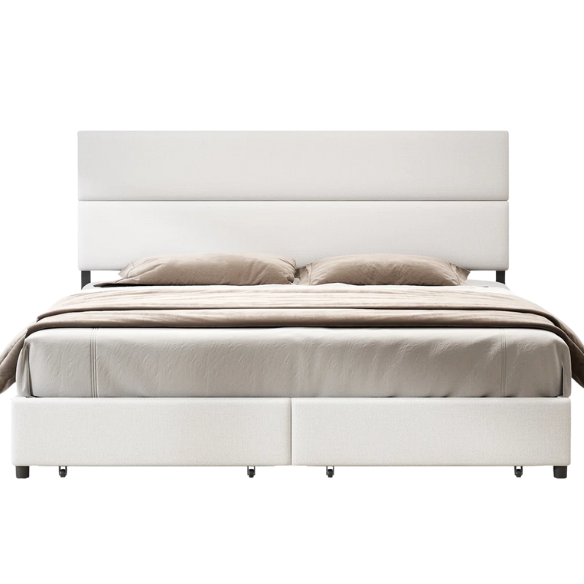 Linen Upholstered Bed Frame – Full/Double Size with Height Adjustable Headboard & 2 Built-In Storage Drawers