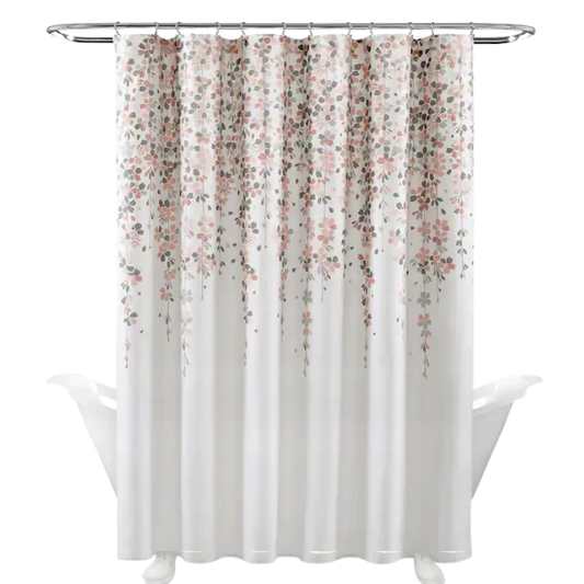 Light Peony Pink, Grey, and White Weeping Flower Shower Curtain – Elegant Floral Bathroom Décor, 72" x 72"