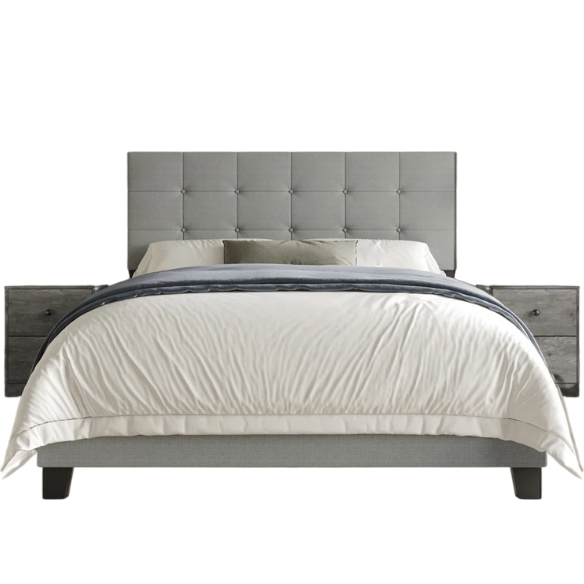 Elegant Solid Grey Queen Bedroom Set with Button-Tufted Upholstered Bed and Matching Nightstands – 3-Piece Set