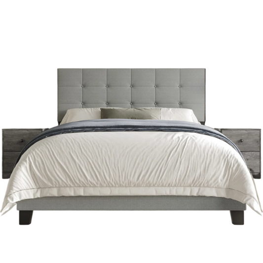 Elegant Solid Grey Queen Bedroom Set with Button-Tufted Upholstered Bed and Matching Nightstands – 3-Piece Set