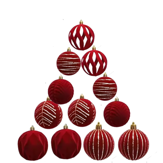 Red & Gold Velvet-Flocked Christmas Ornaments – Luxurious Shatterproof Holiday Set (12 Pieces)