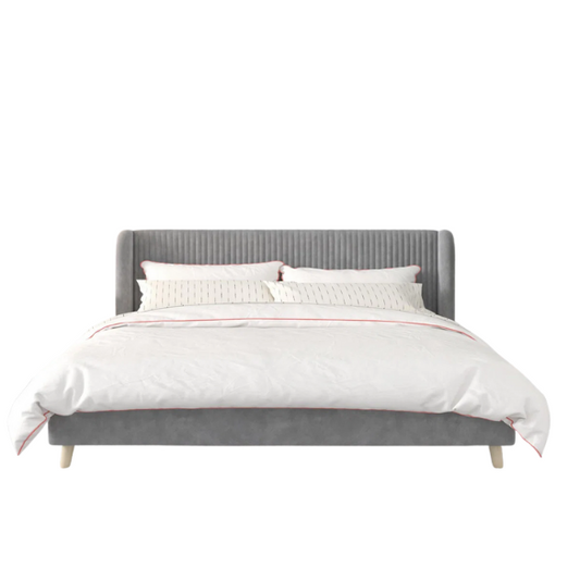 King Size Upholstered Wingback Platform Bed – Luxe Velvet Headboard with Vertical Tufting, Mid-Century Modern Design, and Space-Saving Wooden Frame