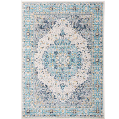 Distressed Oriental-Inspired Indoor Rug – Blue, Yellow & Cream Medallion Pattern, Stain-Resistant, Fade-Resistant, Perfect for Traditional & French Country Décor