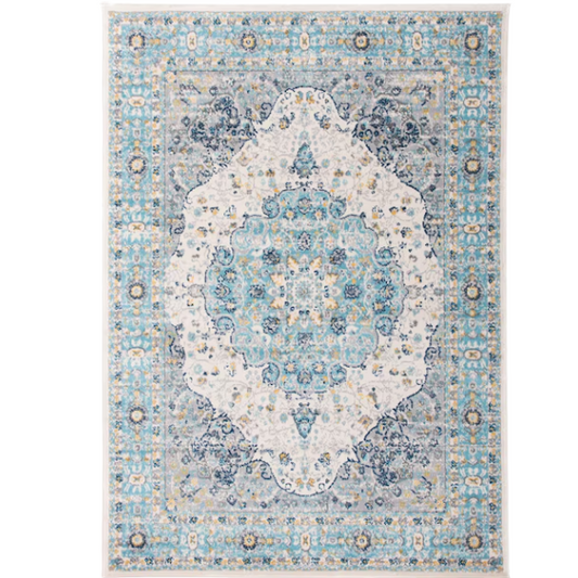 Distressed Oriental-Inspired Indoor Rug – Blue, Yellow & Cream Medallion Pattern, Stain-Resistant, Fade-Resistant, Perfect for Traditional & French Country Décor
