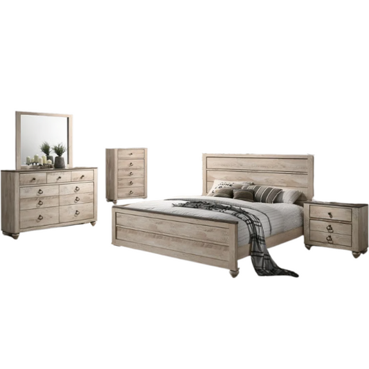 Rustic and Refined 6-Piece Contemporary Driftwood King Bedroom Set with Dovetail Construction and Antique-Inspired Distressed Finish
