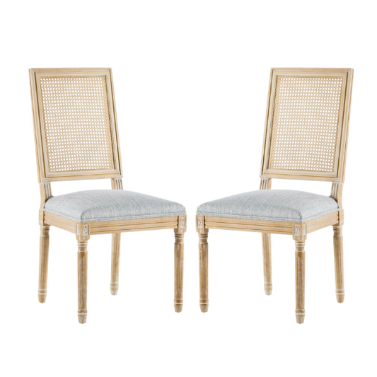 French Country Wood and Cane Upholstered Dining Chairs – Weathered Rubberwood Frame with Fluted Legs & Rectangular Cane Backrest