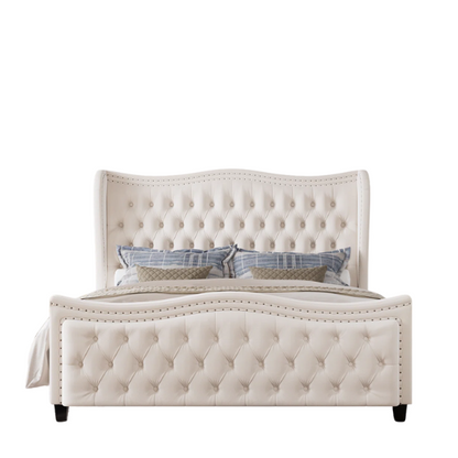 Gem-Tufted Queen Size Upholstered Wingback Bed with Curved Design